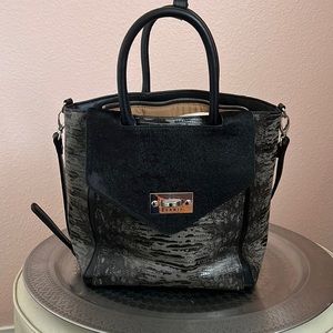 Sharif satchel. Convertible. Gray/black leather croco-style-calf hair.